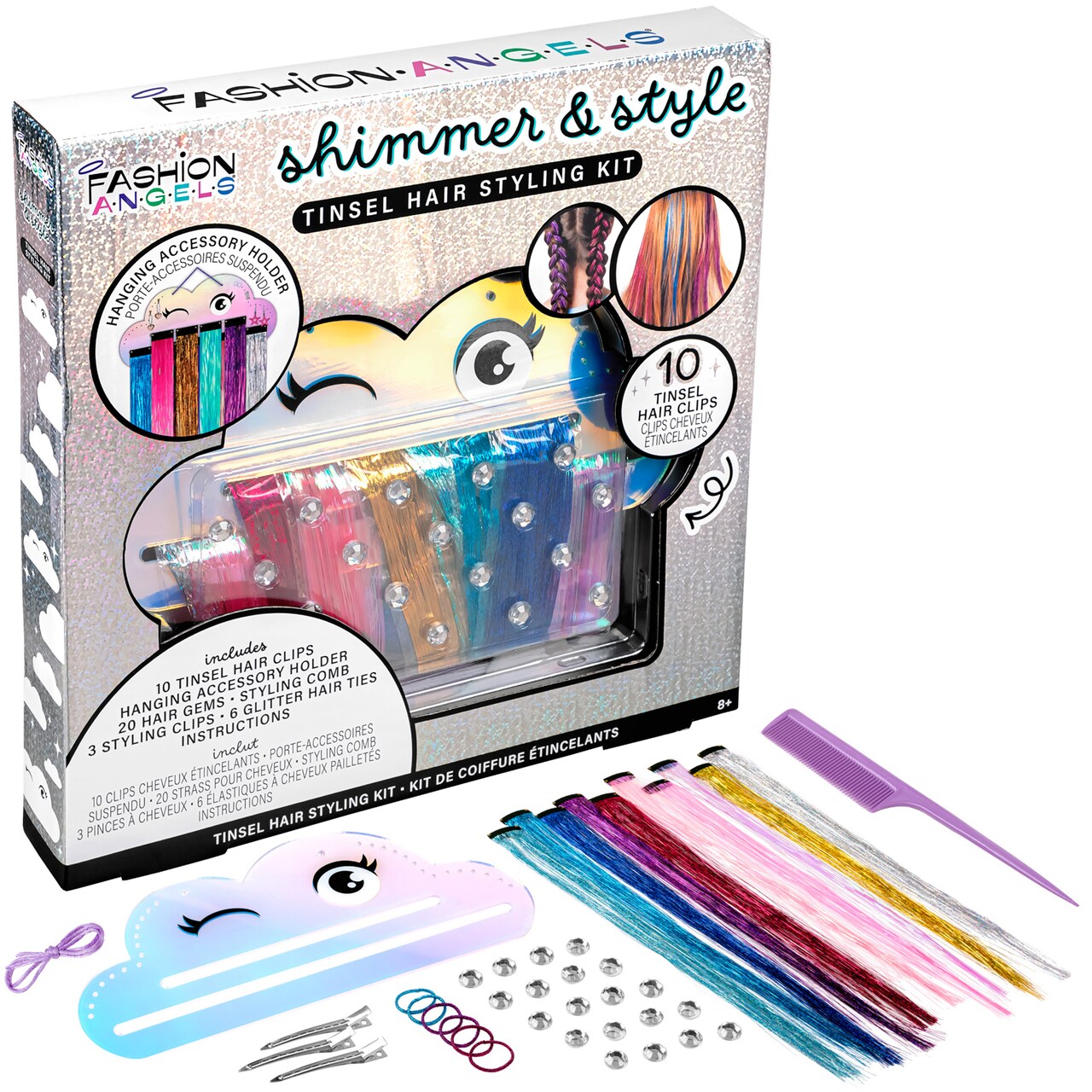 Fashion Angels: Tinsel Hair Styling Kit - Shimmer & Style - 10 Extension Clips, Gems-Glitter Elastics-Comb, Hair Décor, Fashion Beauty Craft, Kids 8+
